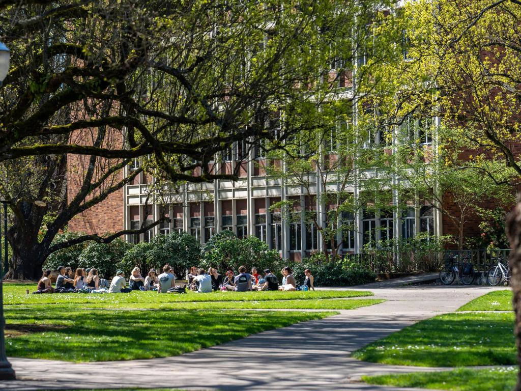 Students sit in a circle outside a campus building on a sunny day.
