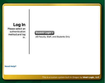 Ideal-Logic login screen containing a grey button with the words "DuckID Login." This login is for UO faculty, staff, and students only.