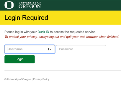 University of Oregon login screen with fields to enter a username and password.