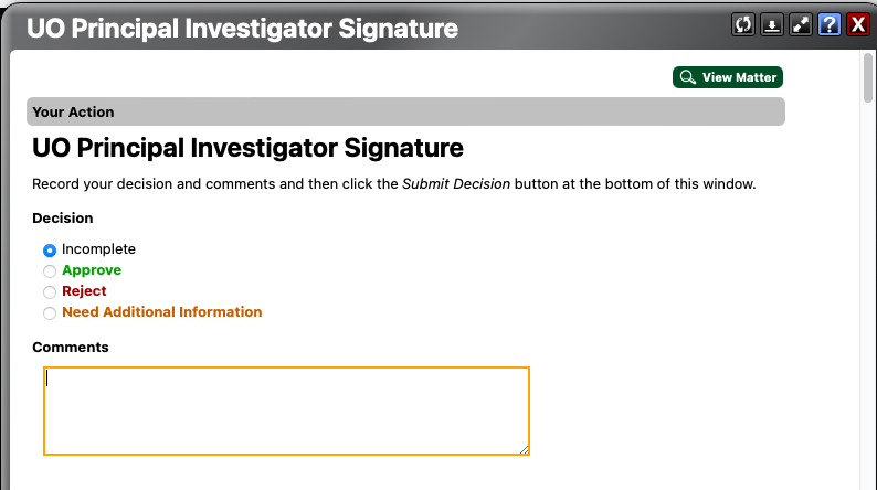 Screenshot of UO Principal Investigator Signature block.