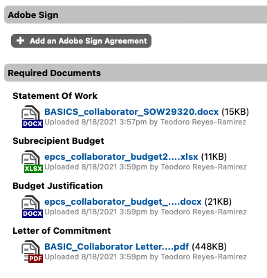 Screenshot of required documents screen.
