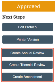 Screenshot of the follow-on submission workspace with the options to create annual review, create triennial review, and create amendment highlighted by a red box.