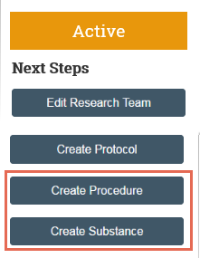 Screenshot of the RAP workspace showing the Create Procedure and Create Substance buttons.