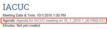 Screenshot of the IACUC software meeting navigation screen with the meeting minutes link highlighted by a red box.