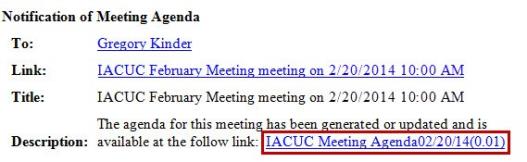 Screenshot of the IACUC meeting agenda email with the meeting agenda link highlighted by a red box.