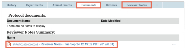 Screenshot of RAP showing location of reviewer notes for an approved submission