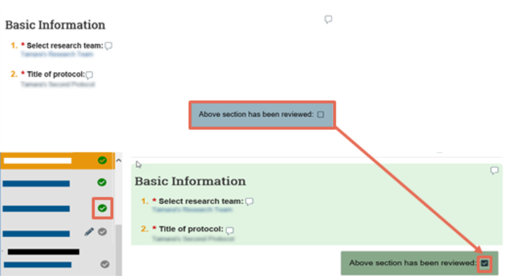 Screenshot of RAP showing location of check box for above section has been reviewed