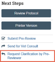 Screenshot of RAP menu showing location of request clarification of pre-reviewer button