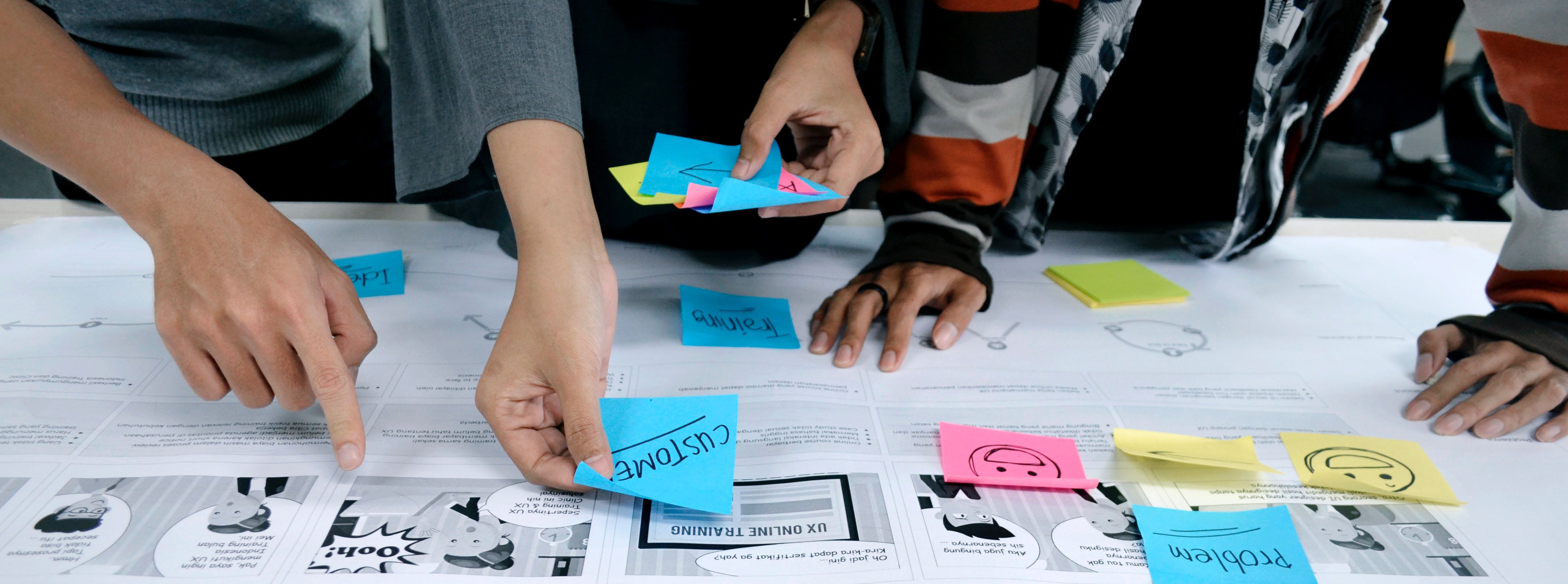 Three people lean over a table covered with printed sheets of paper. One person is holding a stack of sticky notes in one hand while placing a sticky note on one of the pages on the table. A few sticky notes with smiley faces and words are already placed on other pages. 