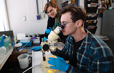 Two researchers working in lap. Man in foreground looks into microscope while woman in glasses in background smiles at him. 