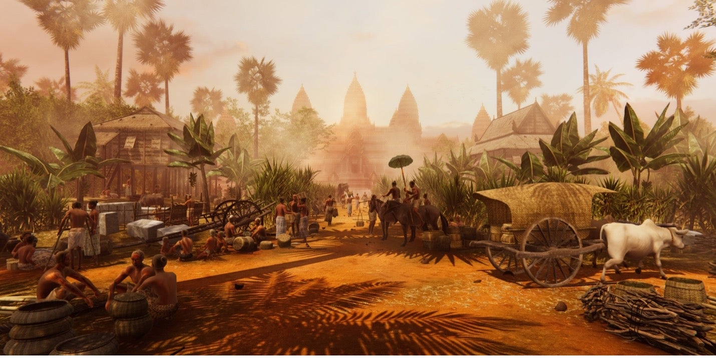 A painting of life in 12th century Angkor Wat. The temple's famous domes are in the background of a crowded street scene with people and livestock pulled wagons. Palm trees rise above the scene.