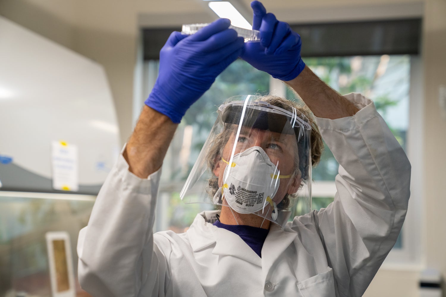 A person wearing an N-95 mask, plastic face shield, lab coat, and latex gloves looks at a PCR collection grid.