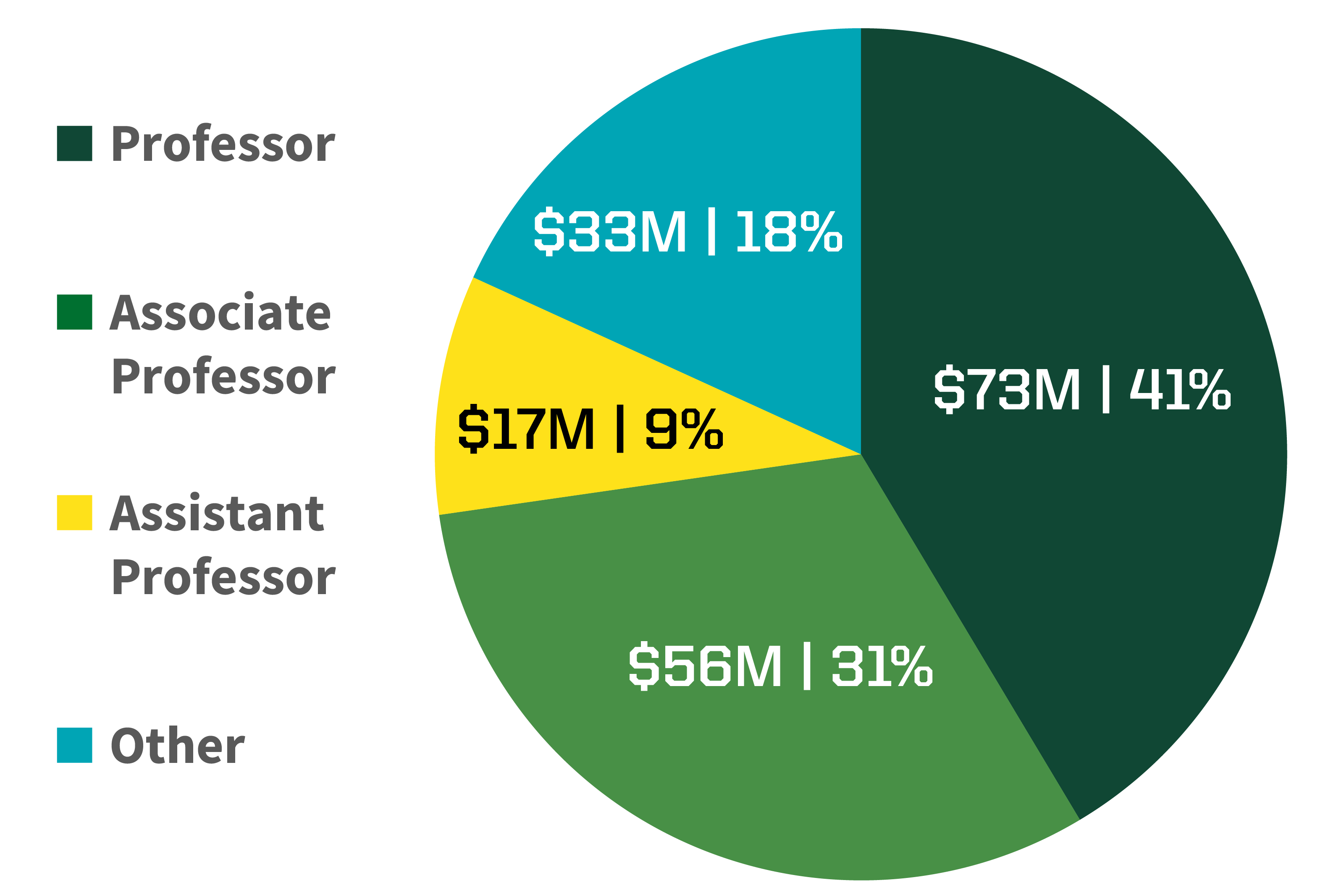 Pie chart of expenditures by faculty rank. Professor: $73M, 41%. Associate Professor: $56M, 31%. Assistant Professor: $17M, 9%. Other: $33M, 18%.