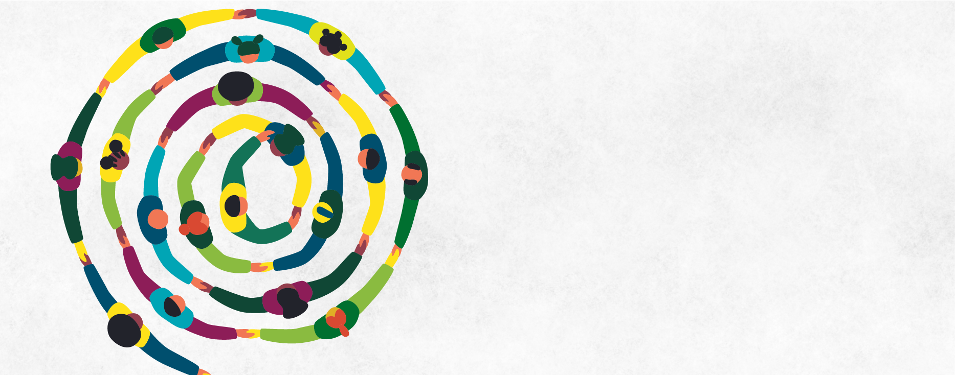 Aerial view illustration of diverse people holding hands forming a circles on a white textured background.