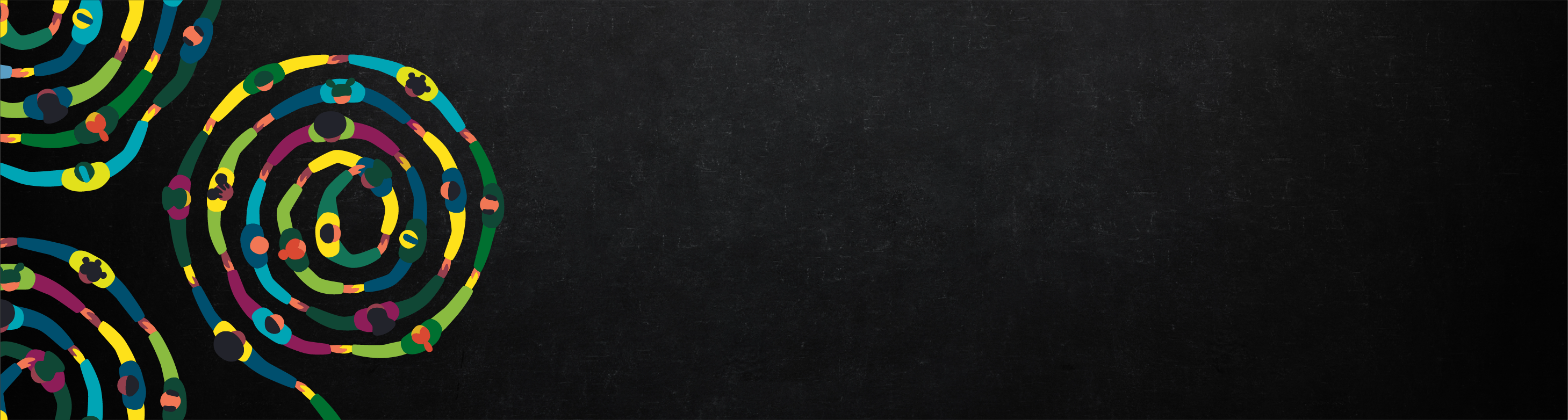 Aerial view illustration of diverse people holding hands forming circles.