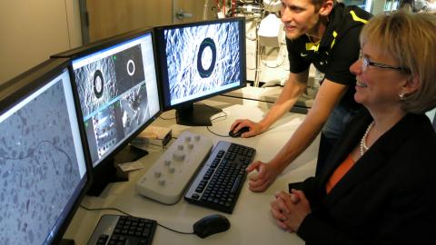Two people look at microscopic images across three computer screens in the CAMCOR lab.