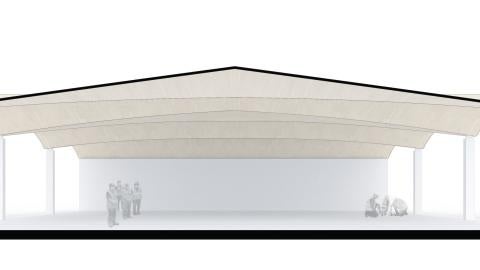 A graphic depiction of a roofed structure that has undulating curves and a group of human figures standing underneath it.