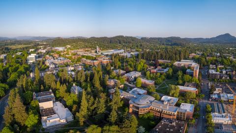 Towering green trees surround the University of Oregon campus buildings.