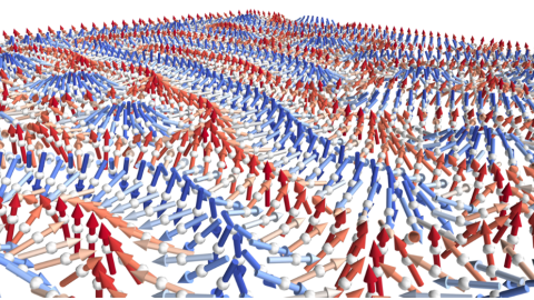 any small arrows form an image of a swirling vortex and lines along a flat plane. The arrows are colored in red and blue to represent the direction of travel. 