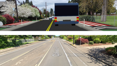 An augmented reality version of a city street with traffic calming measures is shown above a real image of the same street.