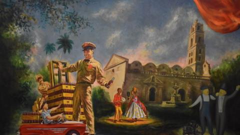 An ad from the 1930s depicting a Coca-Cola delivery man and small child, two men singing, and a couple in front of a Spanish-style building.
