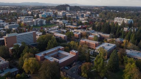 Aerial photo of the east side of the Eugene campus, with a portion of the Eugene downtown.