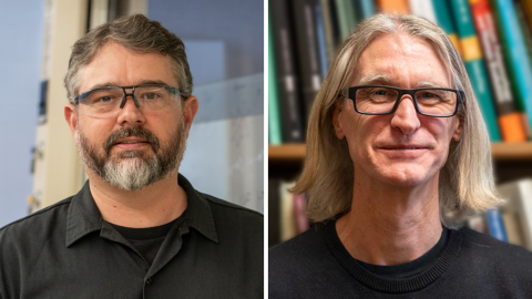 Portraits of two men side by side. Both are wearing black shirts and glasses.