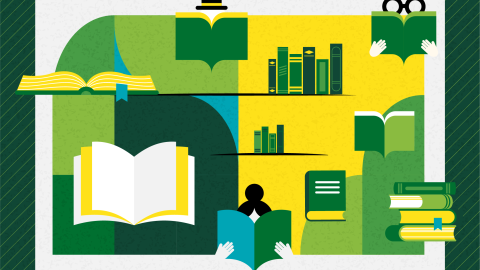 A stylized graphic of people reading books and stacks of books scattered about.