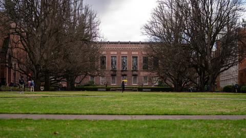 Exterior of the Knight library on a rainy day.