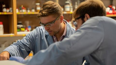 Two researchers in a biochemistry lab look into a machine