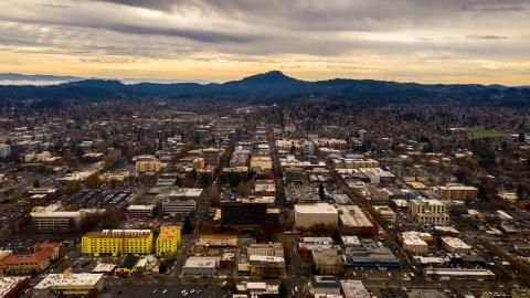 Skyline of Eugene, Oregon at sunset
