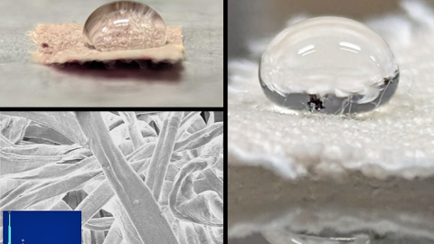 A collage of three images. Two depict droplets of water on water-resistant fibers and the third is microscopy image of the materials at the nanometer scale.