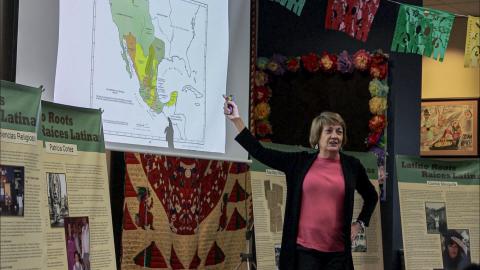Lynn Stephen, a professor and researcher, posing for a photo in of her research. 