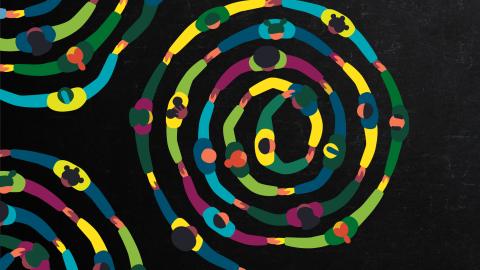 Spirals of illustrated people holding hands from above.