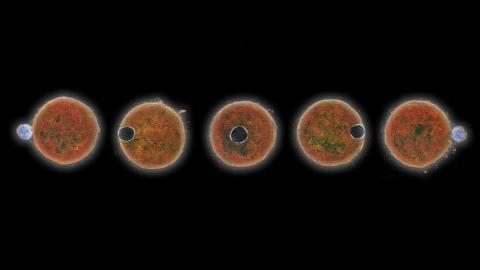 Illustration of “transit method,” a group of five images of an exoplanet in various positions of orbiting a star.
