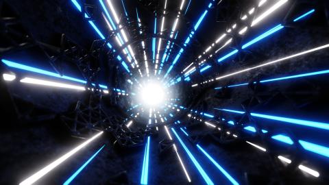 A graphic depicting beams of light to conceptualize 3D particles in a particle accelerator.