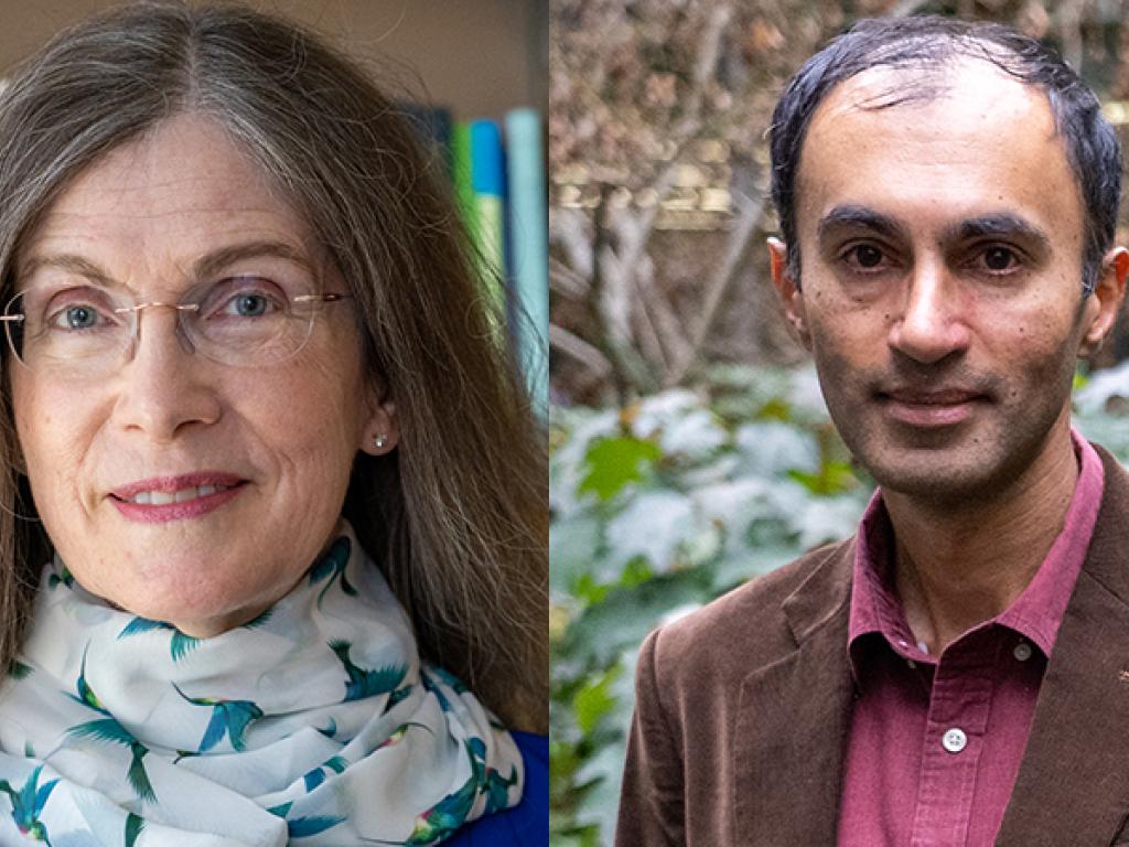 On left, a portrait of Trudy Ann Cameron with books on shelves behind her. On right, a portrait of Raghuveer Parthasarathy in a garden; 