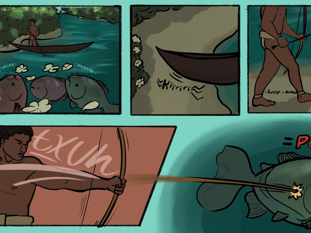 A five-panel comic depicting a man canoeing down a river under the surface of which can be seen very large fish. In the final two panels he is shooting one of the fish with a bow and arrow.