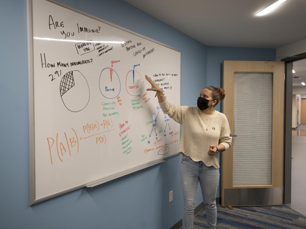 Woman points at writing on a dry erase board.