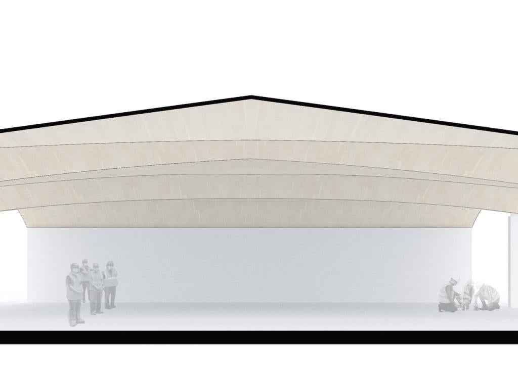 A graphic depiction of a roofed structure that has undulating curves and a group of human figures standing underneath it.