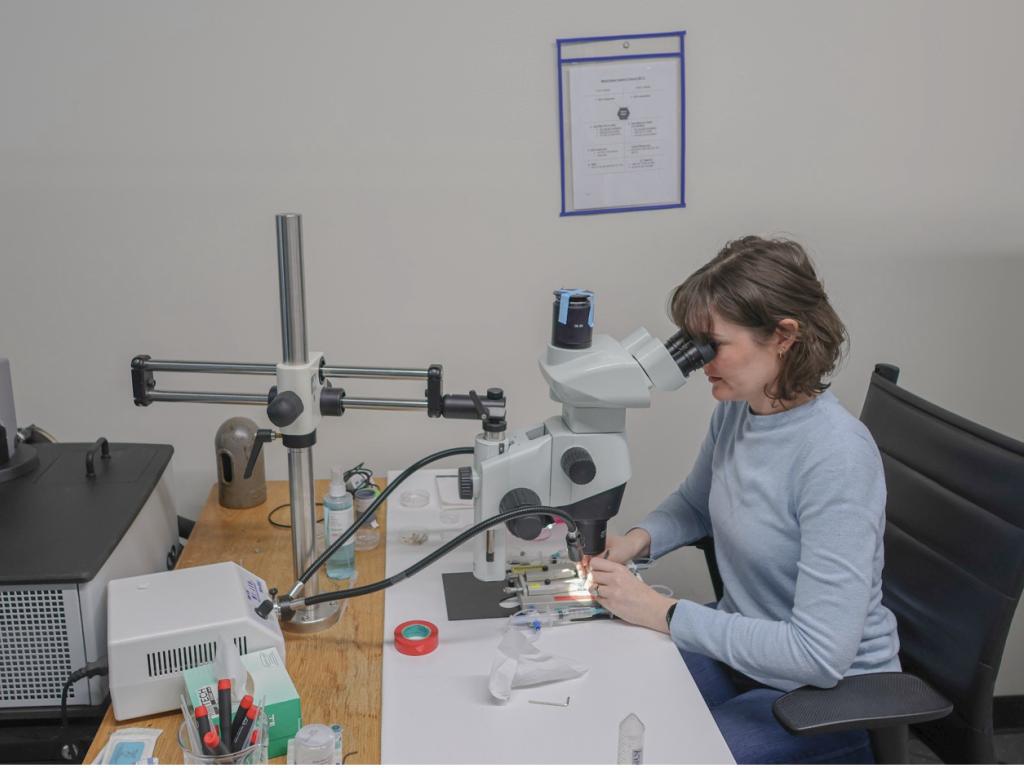 Abby Cullen, post-doctoral researcher at the Aging and Vascular lab at the University of Oregon uses a microscope to look at the arteries of mice.