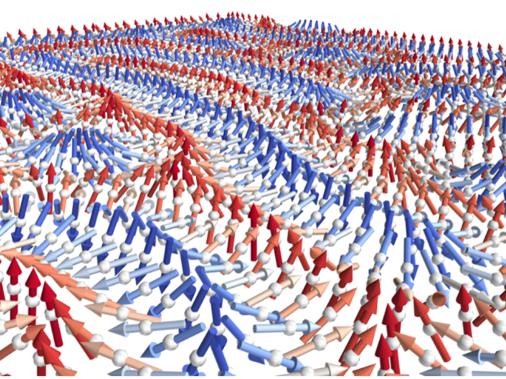 any small arrows form an image of a swirling vortex and lines along a flat plane. The arrows are colored in red and blue to represent the direction of travel. 