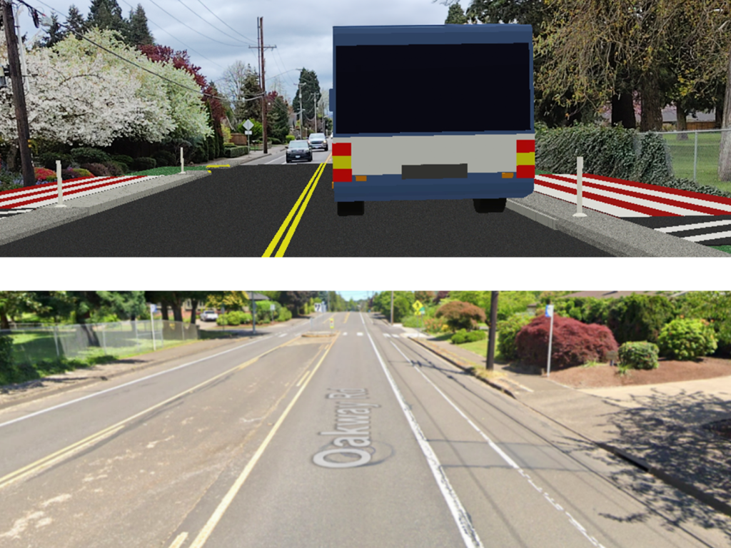 An augmented reality version of a city street with traffic calming measures is shown above a real image of the same street.