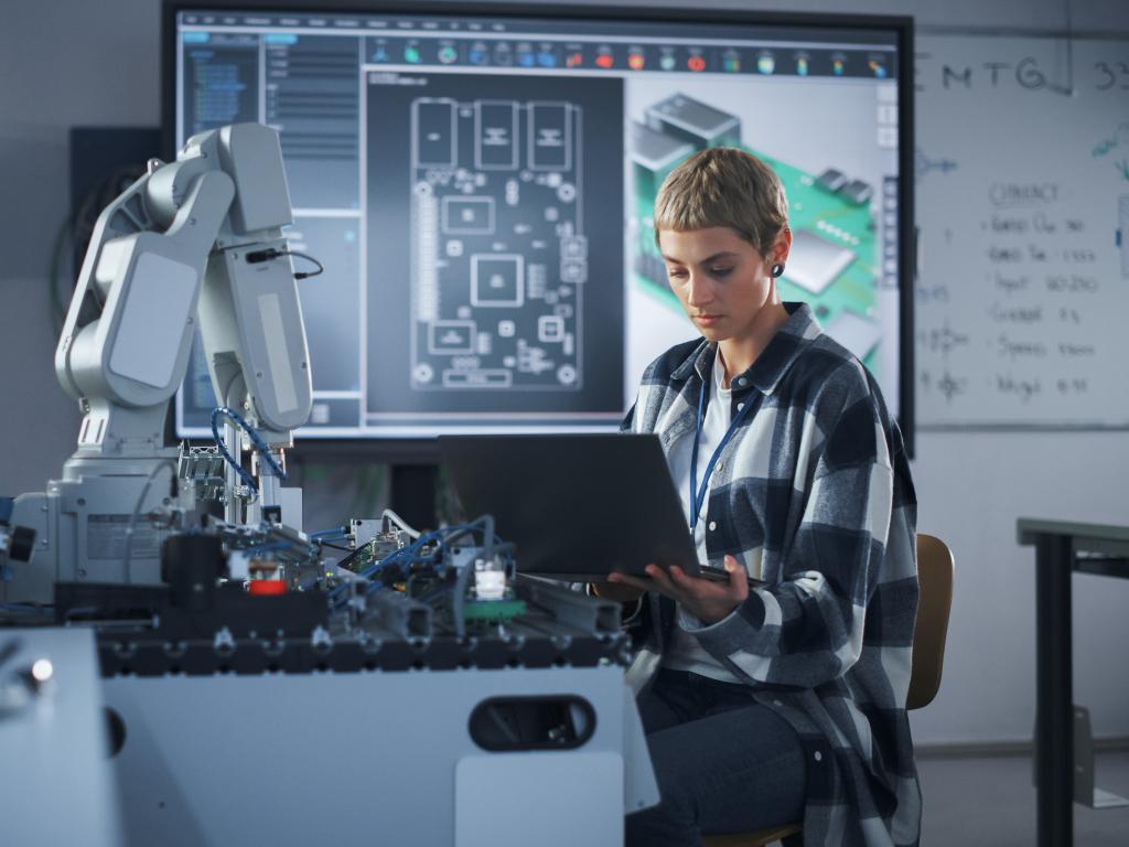 A researcher works on a laptop in an innovation space. Blueprints and formulas are displayed behind them.
