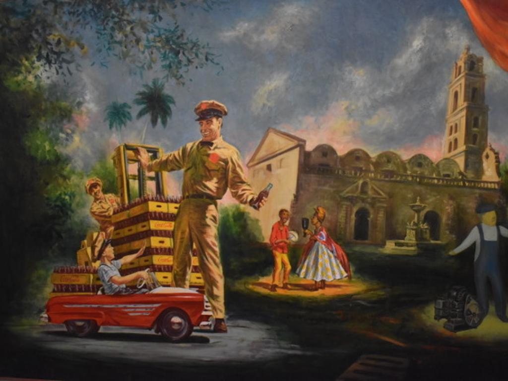 An ad from the 1930s depicting a Coca-Cola delivery man and small child, two men singing, and a couple in front of a Spanish-style building.