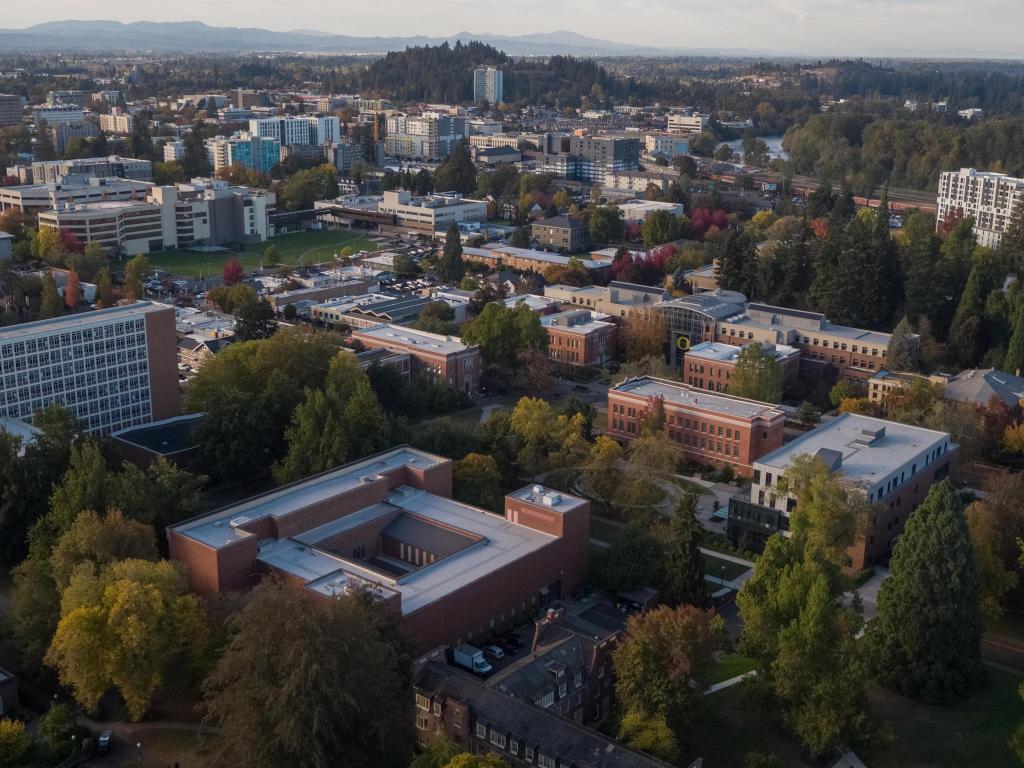 Aerial photo of the east side of the Eugene campus, with a portion of the Eugene downtown.