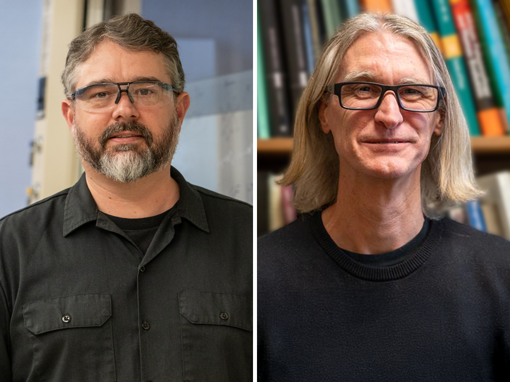 Portraits of two men side by side. Both are wearing black shirts and glasses.