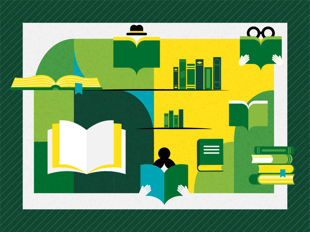 A stylized graphic of people reading books and stacks of books scattered about.