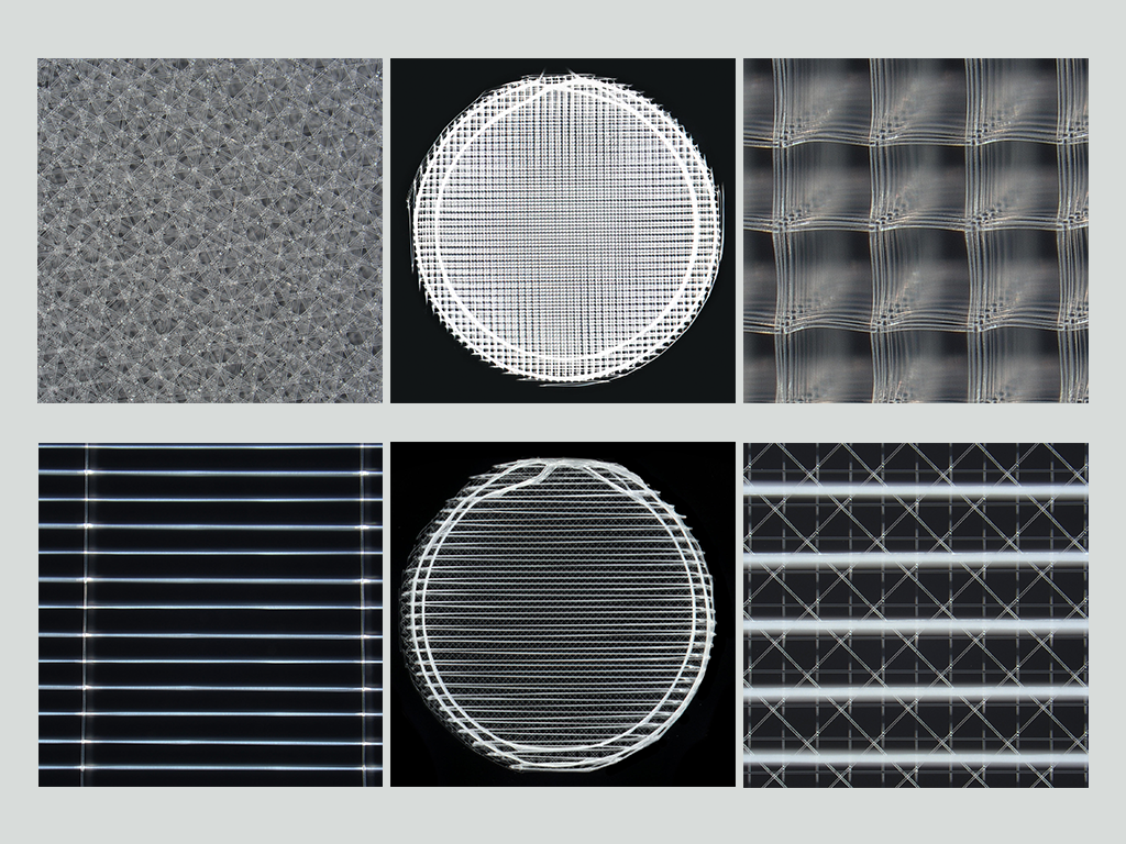 A composite of six different images of microfiber scaffolds, which appear like black and white patterns in lines, squares, and circles.