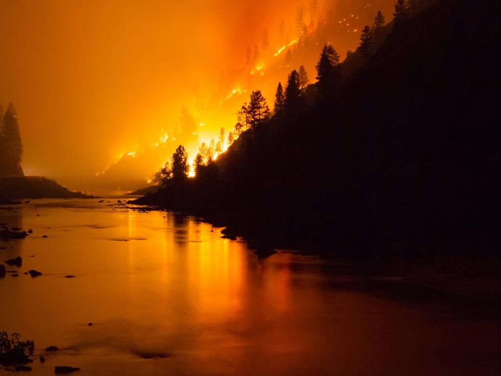 A fire burns a hillside at night beside a river, off the surface of which the light of the fire is reflected.